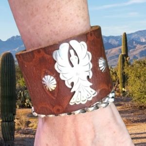 Peyote Waterbird Sterling Navajo Leather Cuff